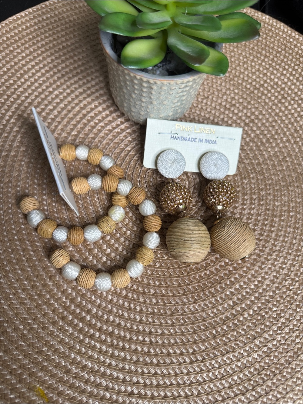 PINK LINEN🔥🌞 Raffia Yute White & Tan Statement Earrings